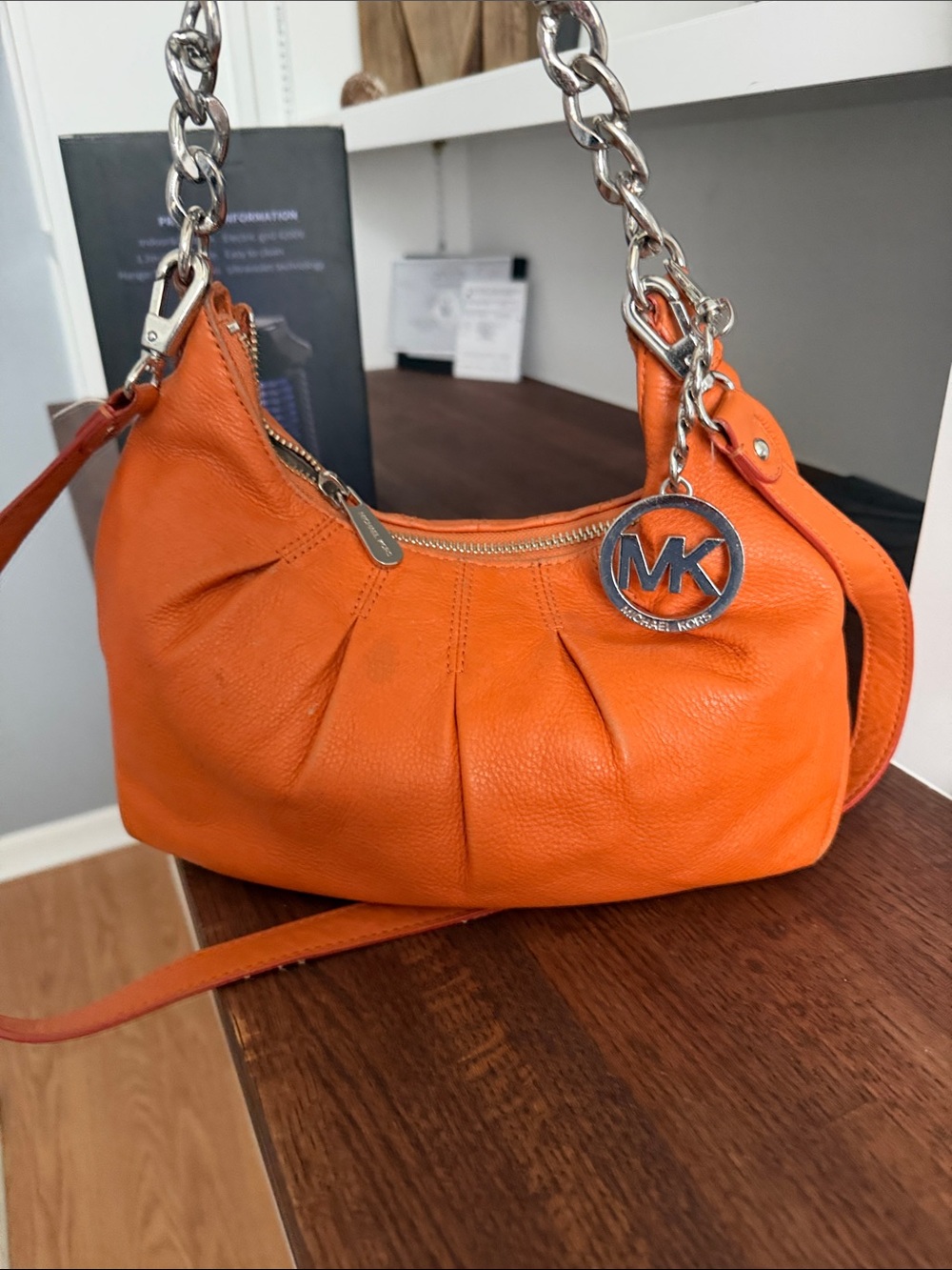 Michael Kors Vibrant Orange Leather Shoulder Bag with Silver MK Charm